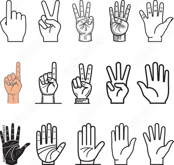 Obraz Hand Gesture Icon Set – 1 to 5 Fingers Raised – Minimal and Vintage Line Art Collection
