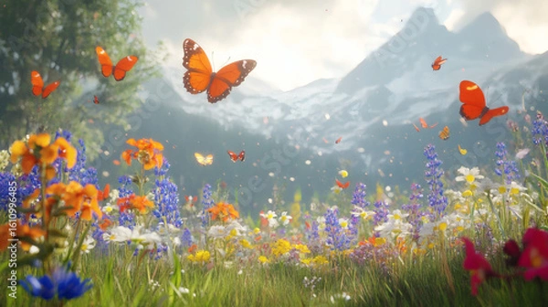 Fototapeta Colorful meadow with butterflies and mountains.