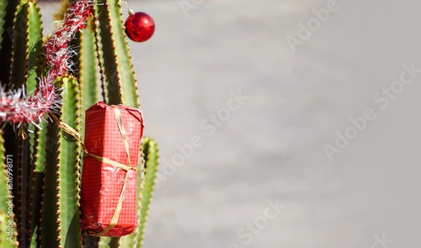 Obraz Cute gift attached to a large green cactus, closeup view, celebrating in exotic countries.