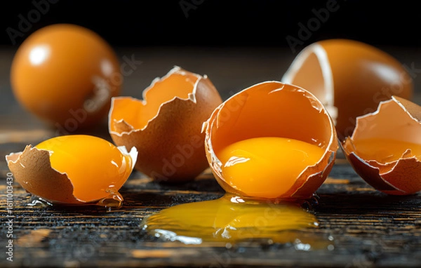 Fototapeta Close up of Broken Brown Eggs with Golden Yolks on Dark Wooden Surface