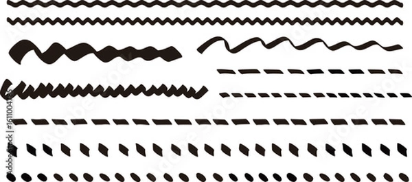 Fototapeta Handwriting set of various dashed and zig-zag lines, vector illustration isolated on a transparent background