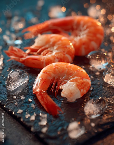 Fototapeta Three Cooked Red Shrimps on Dark Slate with Ice and Salt