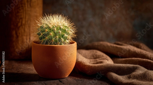 Obraz Small cactus in clay pot on dark surface