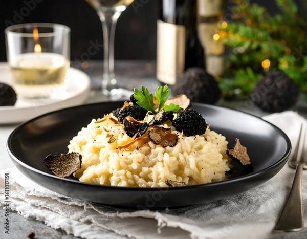 Obraz Exquisite Truffle Risotto, Gourmet Dish, Black Plate, Elegant Setting
