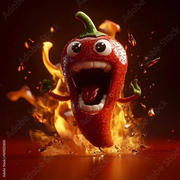 Obraz Animated Red Chili Pepper Character with Googly Eyes and Fiery B