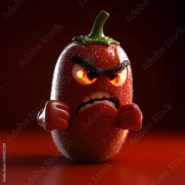 Obraz Animated Red Pepper with Fiery Eyes and Fists Demonstrating Inte