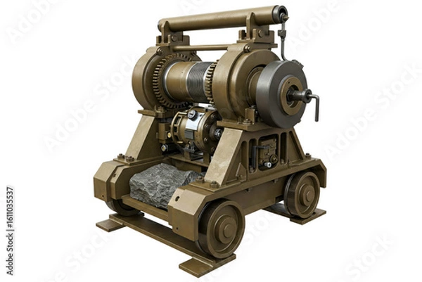 Fototapeta Industrial hand crank winch on wheeled base with heavy rock isolated on a transparent background