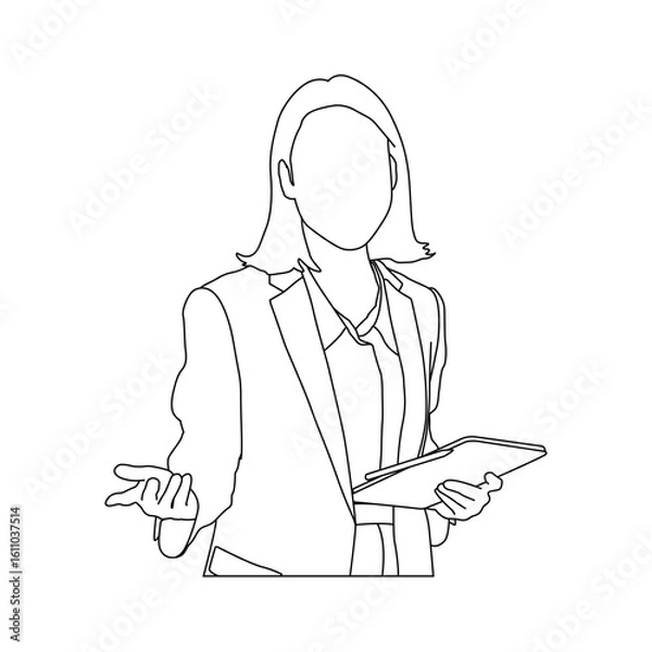 Fototapeta Businesswoman Presenting with Digital Tablet Line Drawing Vector, Confident Female Speaker with Tablet Minimal Line Art