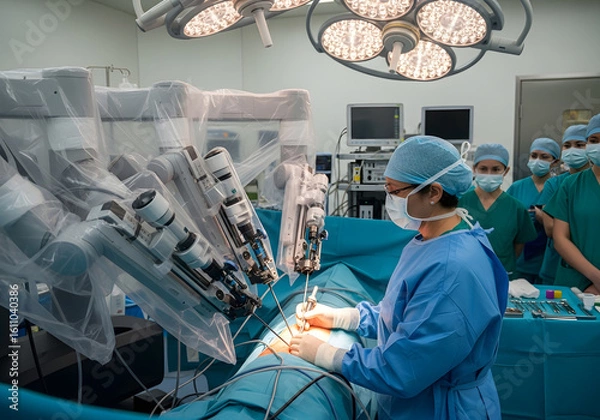 Obraz Robotic surgery assisting surgeon performing operation with surgical instruments in operating room