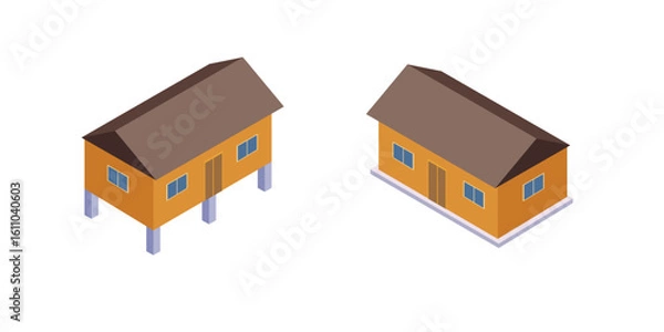 Fototapeta Isometric Comparison of Elevated and Non-Elevated Houses, Traditional and Modern Rural House Models in Isometric Style