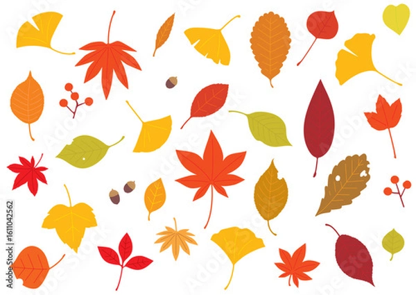 Obraz シンプル・フラットな秋の葉っぱセット