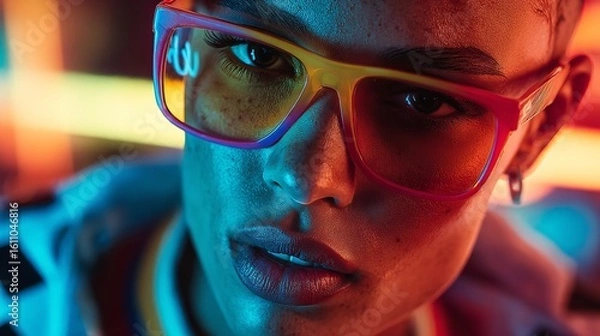 Fototapeta Embracing vibrant futuristic vibes with unique eyewear in a neon cityscape glow with sharp focus