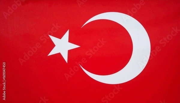 Fototapeta Turkey flag tribute with crescent and star emblem on bold red backdrop, minimalist centered layout, symbolic representation of national identity, cultural pride, and clean composition.