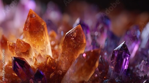 Fototapeta Glowing amber crystals embrace amethyst in a dance of earth s magic captured in crisp macro focus