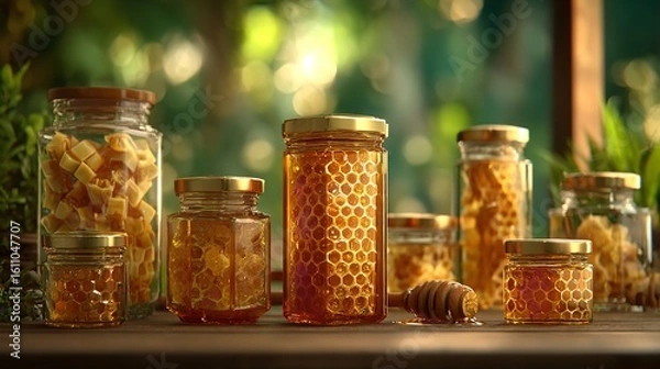 Fototapeta Golden jars of honey a sweet harvest from the hive in an amber glow on a rustic wooden table with