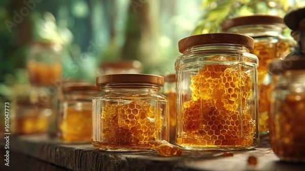 Fototapeta Golden honeycomb treasure nestled in jars promising sweetness and pure delight with blurred green