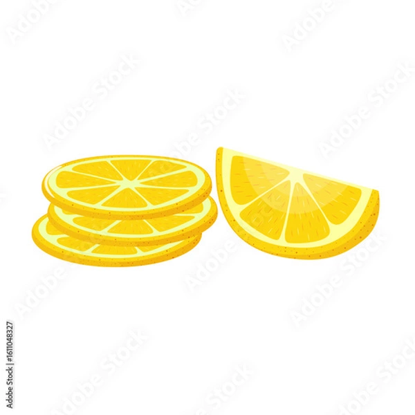Fototapeta Yellow lemon with round slices and wedges on white background. Hand drawn.