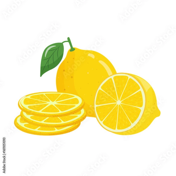 Fototapeta Set of yellow lemon citrus fruits with slices, whole and cut, isolated on white background. Tropical fruit sweets season. Realistic vector illustration.