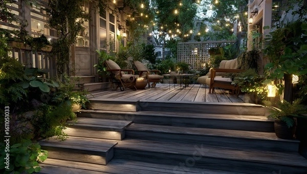 Fototapeta A tranquil evening unwinds on a wooden patio bathed in soft string lights with lush greenery in warm