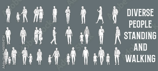Fototapeta Architectural Drawings diverse people standing and walking vector illustration, side view, human person Minimal style hand drawn. Sections, Elevations, Floor Plans