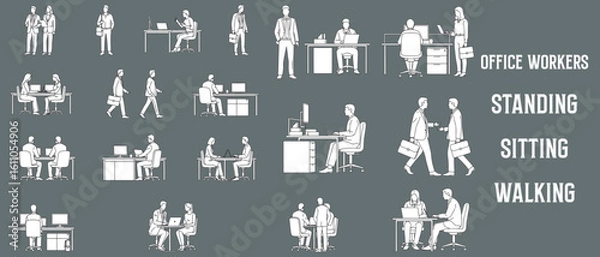 Fototapeta Architectural Drawings office workers standing, sitting at desks, walking vector illustration, side view, human person Minimal style hand drawn. Sections, Elevations, Floor Plans