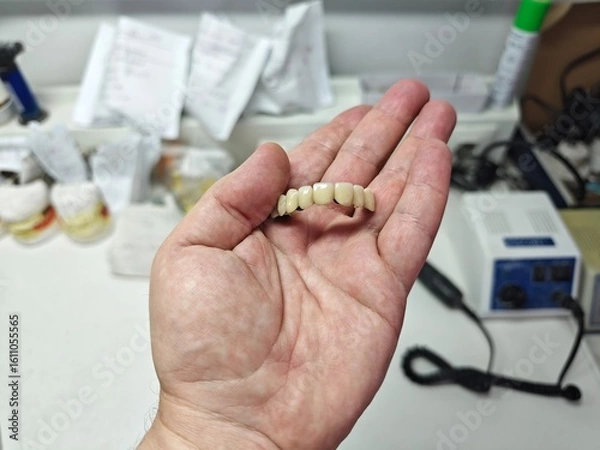 Fototapeta metal-ceramic artificial dentures in the hands