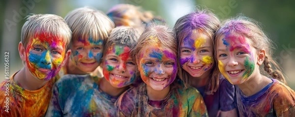 Fototapeta A group of children with colorful paint smeared on their faces smiling at camera