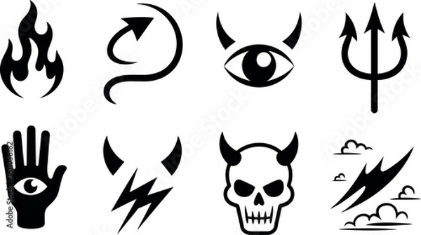Obraz Vector evil icons: devil horns, fire, skull, trident, dark magic set