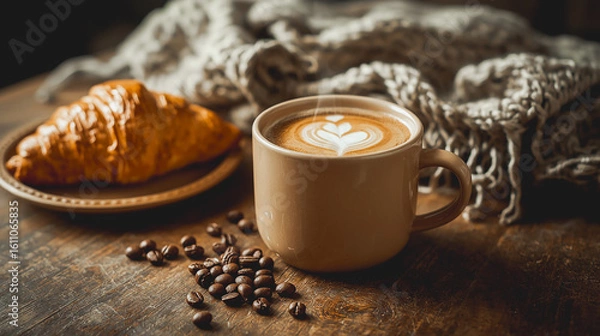 Fototapeta A freshly brewed hot café latte in a classic ceramic mug, placed on a rustic wooden table with steam gently rising. Surroundings include a croissant, coffee beans, and a cozy knit scarf. Warm, natural