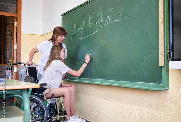 Fototapeta Schoolgirl in wheelchair writing on chalkboard with supportive teacher during inclusive classroom activity on first day of school