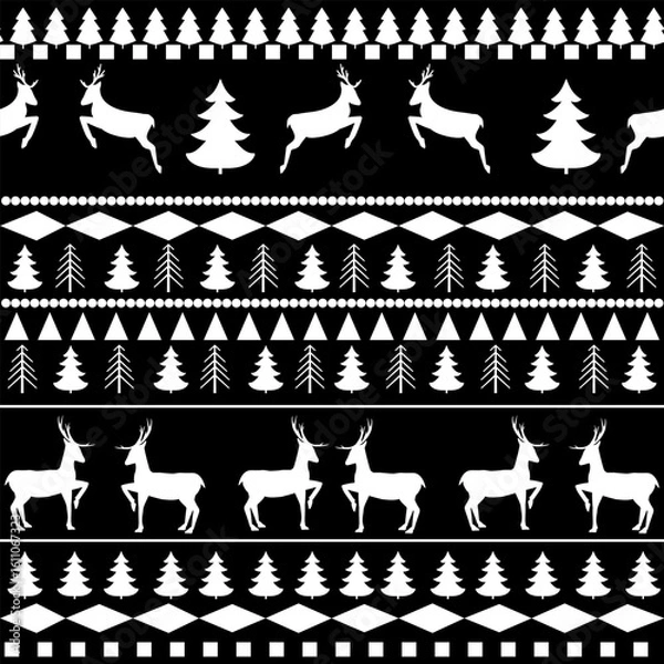 Fototapeta Deer, trees monochrome horizontal seamless pattern 2