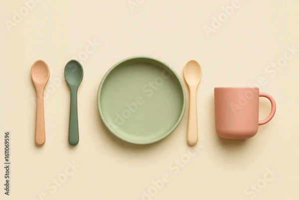 Fototapeta Minimalist flat lay feeding set displays calm and gentle colors