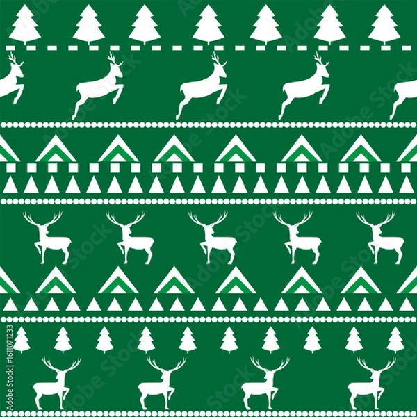 Fototapeta Deer, christmas trees green seamless pattern