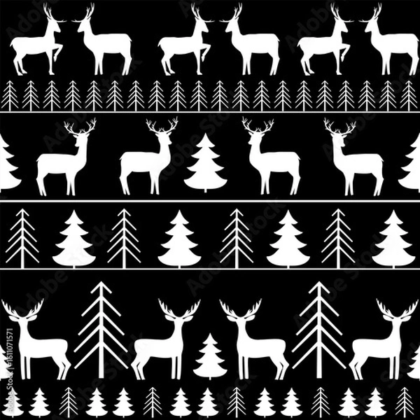 Fototapeta Deer, christmas trees monochrome horizontal seamless
