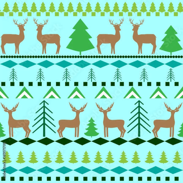 Fototapeta Colorful deer and trees on blue pattern