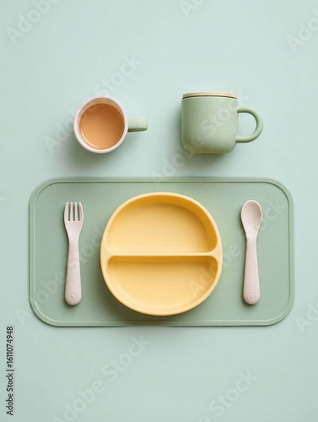 Fototapeta Toddler training cup plate set is arranged, looks tidy and so cute
