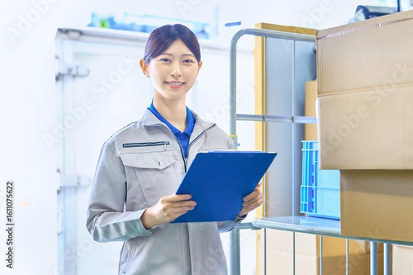 Obraz 商品管理をする作業員の女性　工場　配送