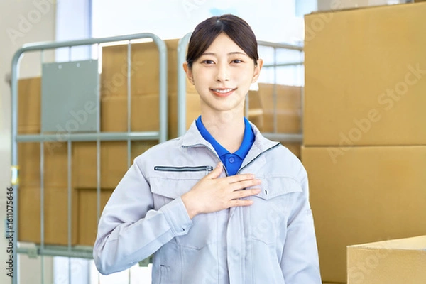 Obraz 胸に手を置く作業員　工場　配送　物流