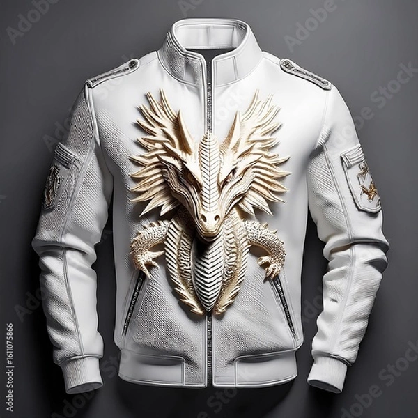 Fototapeta Fashion bomber jacket with fiery dragon artwork and glowing flame details on sleeves, featuring fantasy-style embroidery and epic creature design – perfect for cosplay and streetwear.
