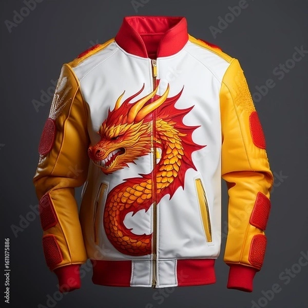 Fototapeta Fashion bomber jacket with fiery dragon artwork and glowing flame details on sleeves, featuring fantasy-style embroidery and epic creature design – perfect for cosplay and streetwear.