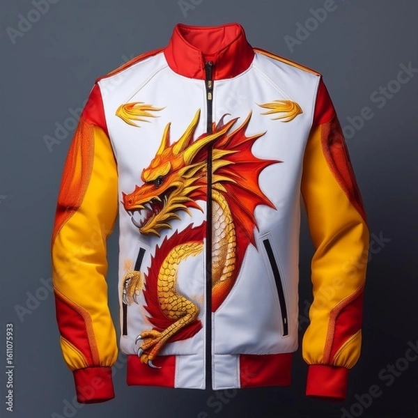 Fototapeta Fashion bomber jacket with fiery dragon artwork and glowing flame details on sleeves, featuring fantasy-style embroidery and epic creature design – perfect for cosplay and streetwear.