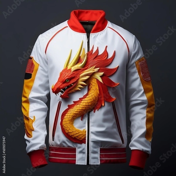 Fototapeta Fashion bomber jacket with fiery dragon artwork and glowing flame details on sleeves, featuring fantasy-style embroidery and epic creature design – perfect for cosplay and streetwear.