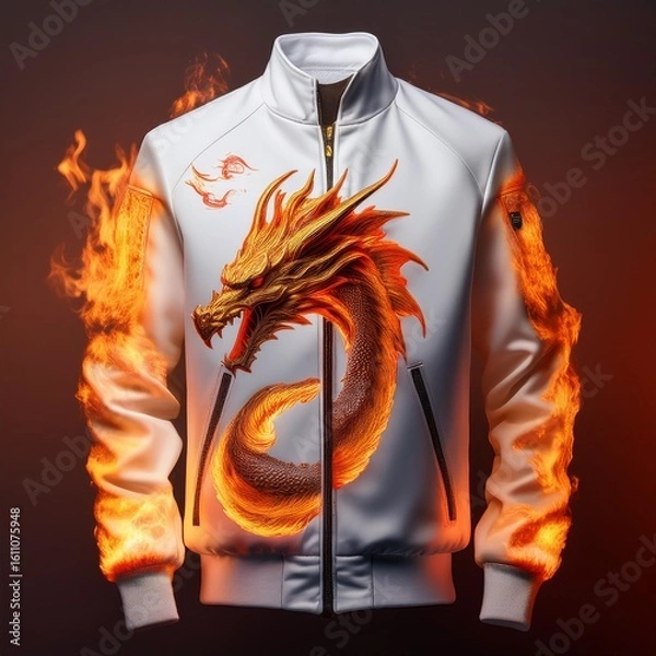 Fototapeta Fashion bomber jacket with fiery dragon artwork and glowing flame details on sleeves, featuring fantasy-style embroidery and epic creature design – perfect for cosplay and streetwear.