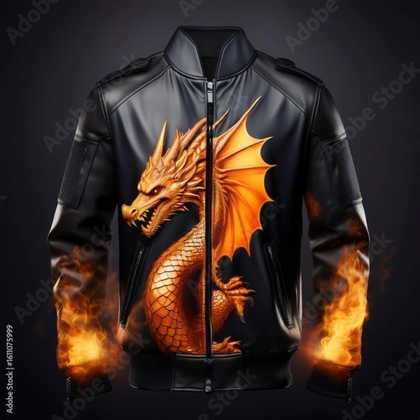 Fototapeta Fashion bomber jacket with fiery dragon artwork and glowing flame details on sleeves, featuring fantasy-style embroidery and epic creature design – perfect for cosplay and streetwear.