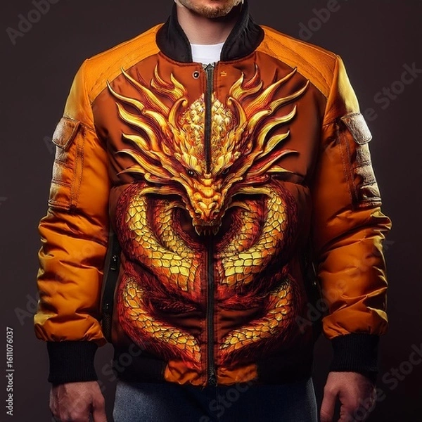 Fototapeta Fashion bomber jacket with fiery dragon artwork and glowing flame details on sleeves, featuring fantasy-style embroidery and epic creature design – perfect for cosplay and streetwear.