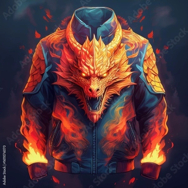 Fototapeta Fashion bomber jacket with fiery dragon artwork and glowing flame details on sleeves, featuring fantasy-style embroidery and epic creature design – perfect for cosplay and streetwear.