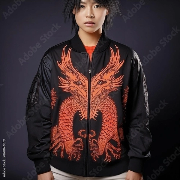 Fototapeta Fashion bomber jacket with fiery dragon artwork and glowing flame details on sleeves, featuring fantasy-style embroidery and epic creature design – perfect for cosplay and streetwear.