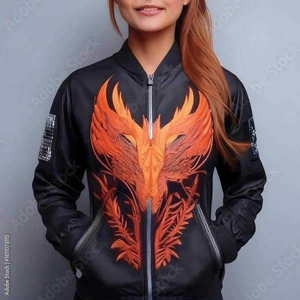 Fototapeta Fashion bomber jacket with fiery dragon artwork and glowing flame details on sleeves, featuring fantasy-style embroidery and epic creature design – perfect for cosplay and streetwear.