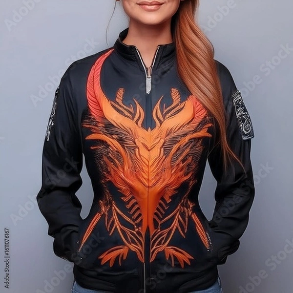 Fototapeta Fashion bomber jacket with fiery dragon artwork and glowing flame details on sleeves, featuring fantasy-style embroidery and epic creature design – perfect for cosplay and streetwear.