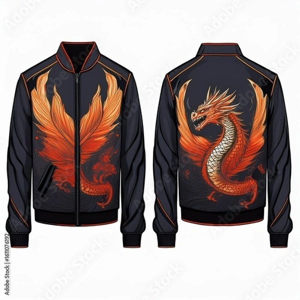 Fototapeta Fashion bomber jacket with fiery dragon artwork and glowing flame details on sleeves, featuring fantasy-style embroidery and epic creature design – perfect for cosplay and streetwear.
